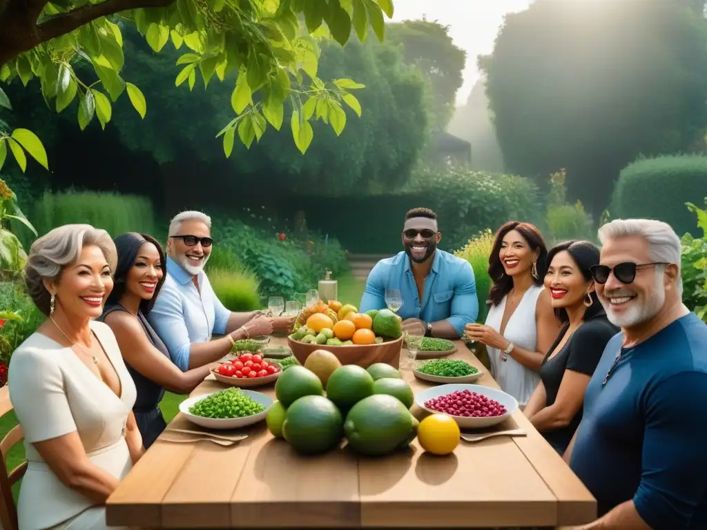 Un grupo diverso de mediana edad disfruta de una comida vegana en comunidad en un jardín