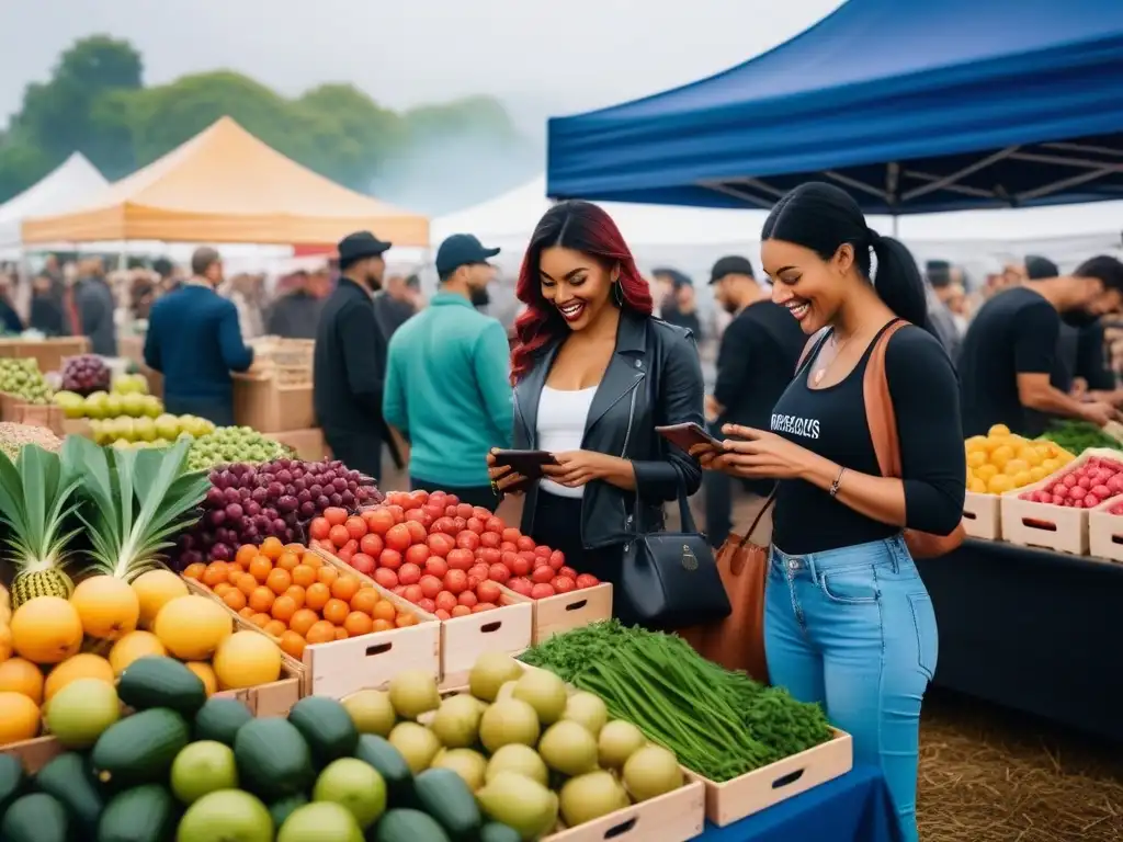 Grupo diverso disfruta de los mejores productos veganos en bullicioso mercado de agricultores