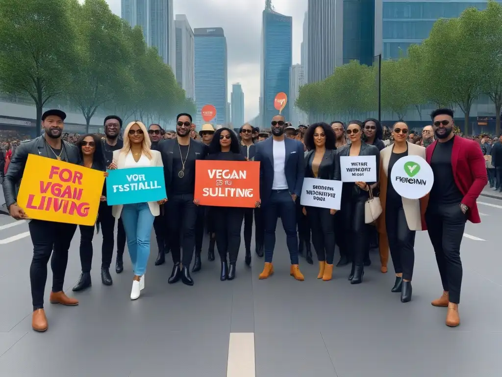 Grupo diverso con mensajes provegan en plaza urbana