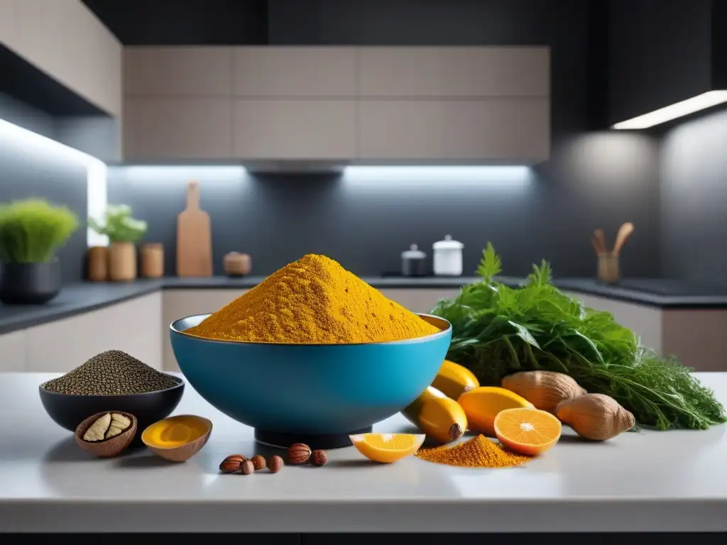 Un grupo diverso sonríe alrededor de una mesa llena de alimentos coloridos y saludables en una cocina moderna