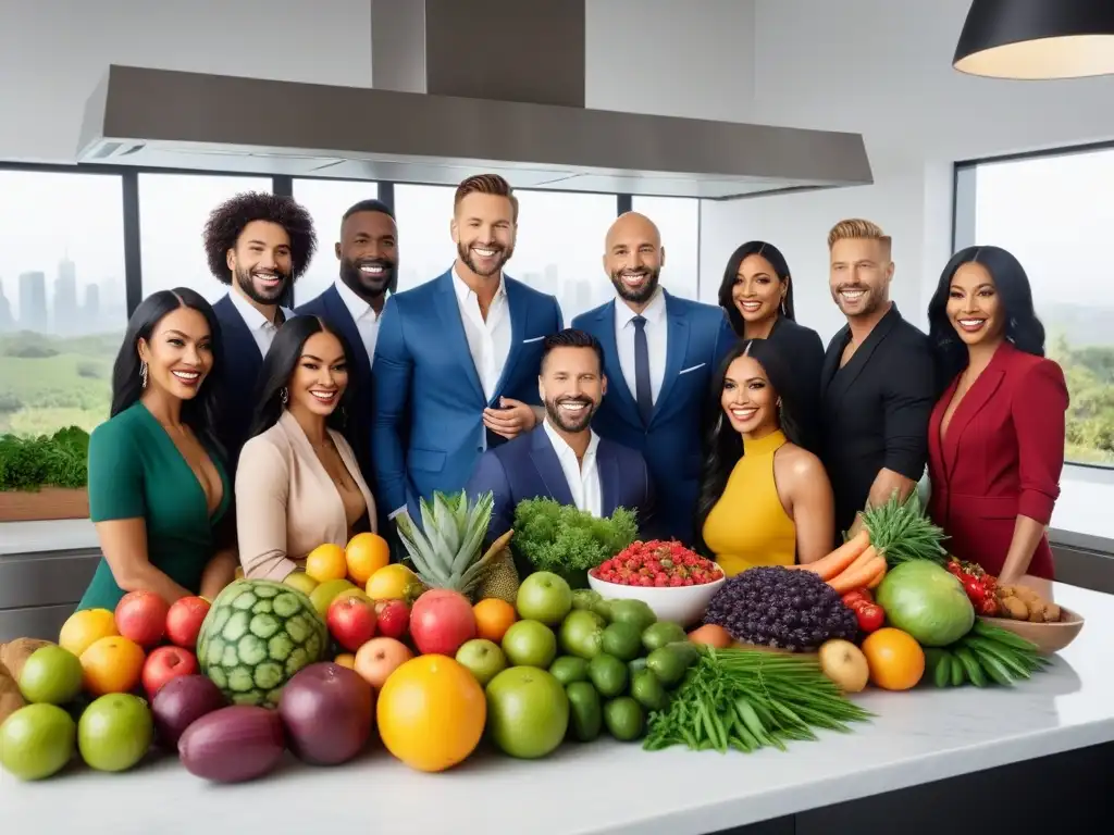 Un grupo diverso sonríe alrededor de una mesa llena de alimentos veganos en una cocina moderna