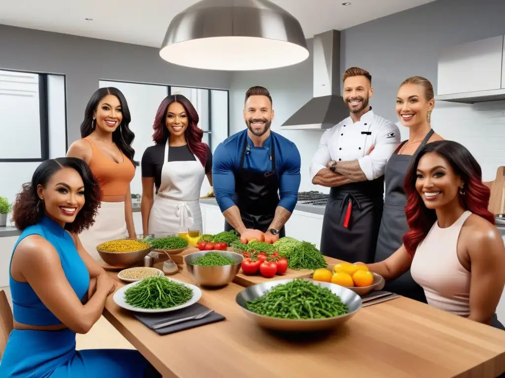 Un grupo diverso sonríe alrededor de una mesa con platillos veganos coloridos en una cocina moderna