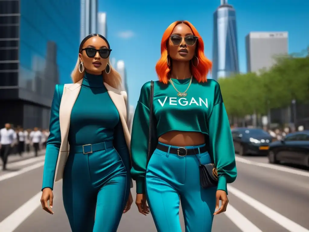 Un grupo diverso viste moda sostenible vegana en una ciudad futurista