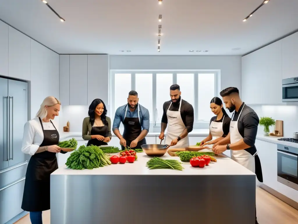 Un grupo diverso cocina junta en una moderna cocina vegana, mostrando colaboración y habilidades