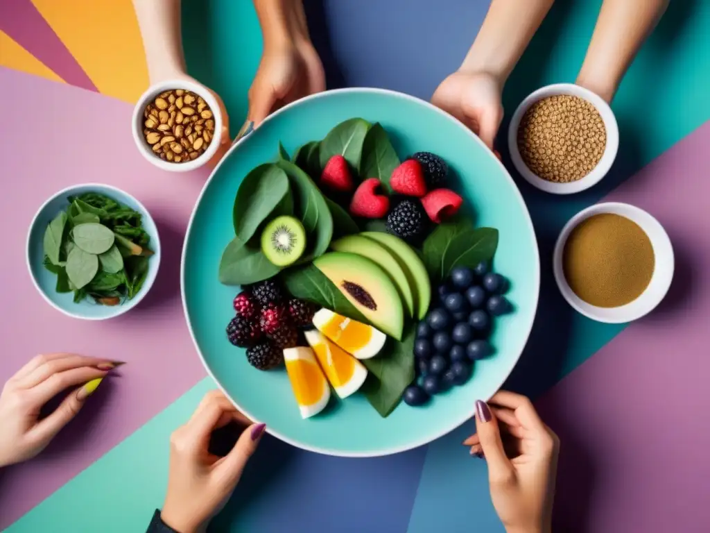 Un grupo diverso de mujeres disfrutando de una comida vegana, con expresiones alegres y piel radiante