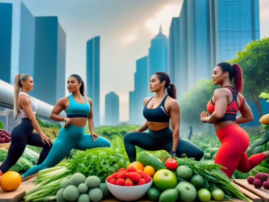 Un grupo diverso de mujeres practica yoga y ejercicio rodeadas de frutas y verduras en una ciudad futurista