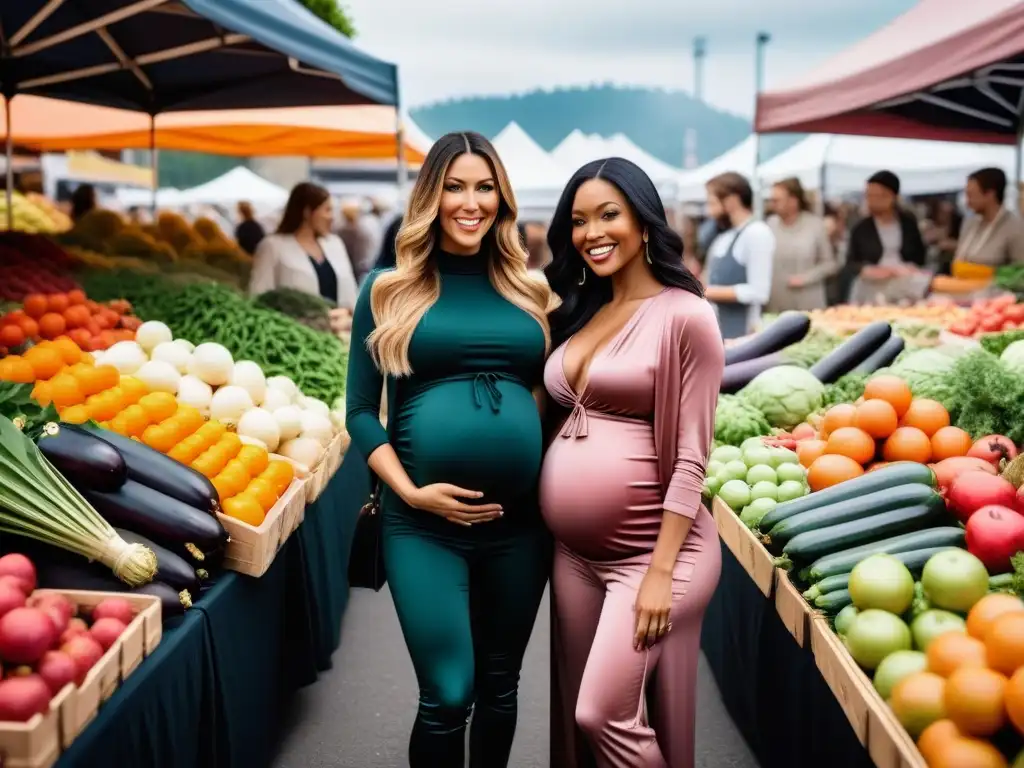 Un grupo diverso de mujeres embarazadas veganas seleccionando nutrientes clave en un mercado de agricultores, creando comunidad y bienestar