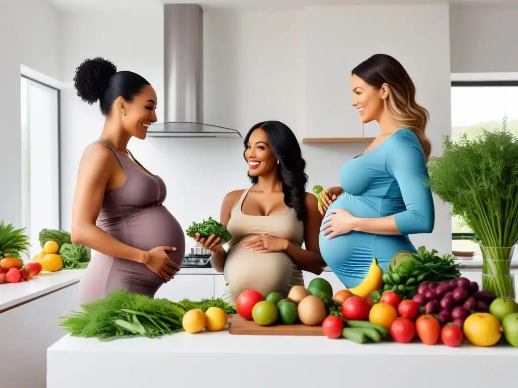 Un grupo diverso de mujeres embarazadas prepara comidas veganas saludables juntas en una cocina moderna y luminosa