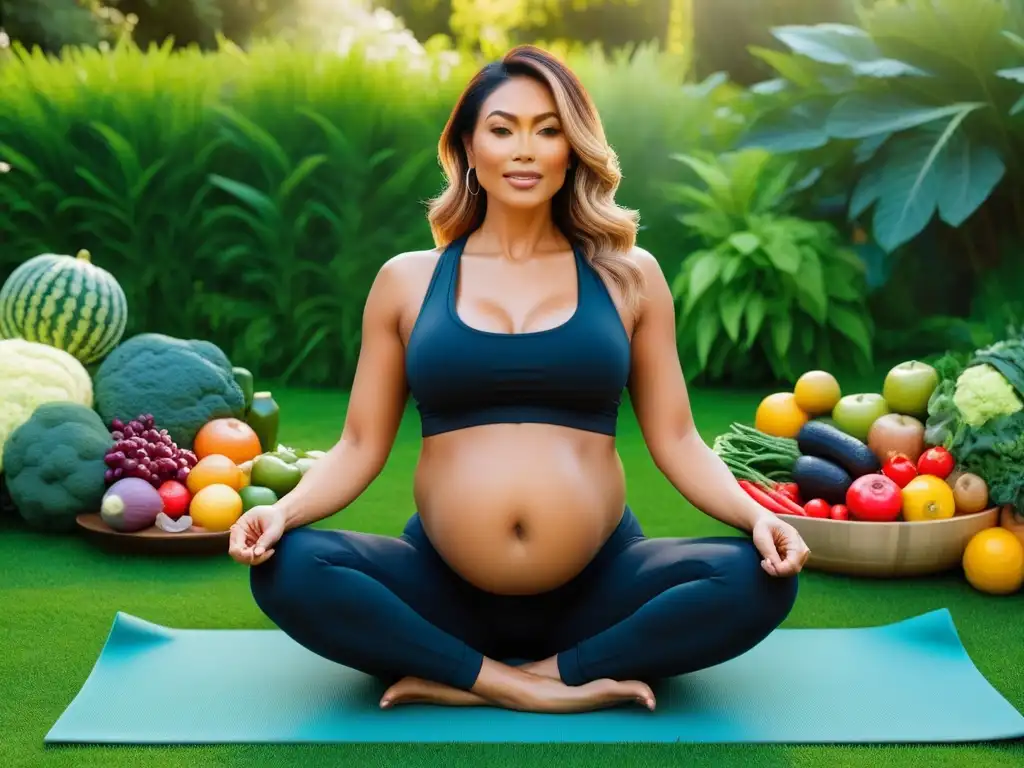 Un grupo diverso de mujeres embarazadas practica yoga en un jardín verde, rodeadas de nutrientes clave para un embarazo vegano