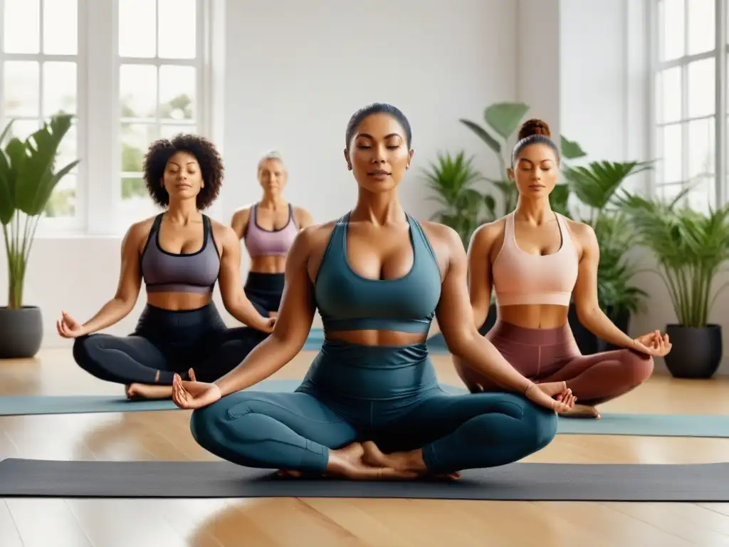 Un grupo diverso de mujeres practica yoga en un estudio luminoso, transmitiendo calma y serenidad