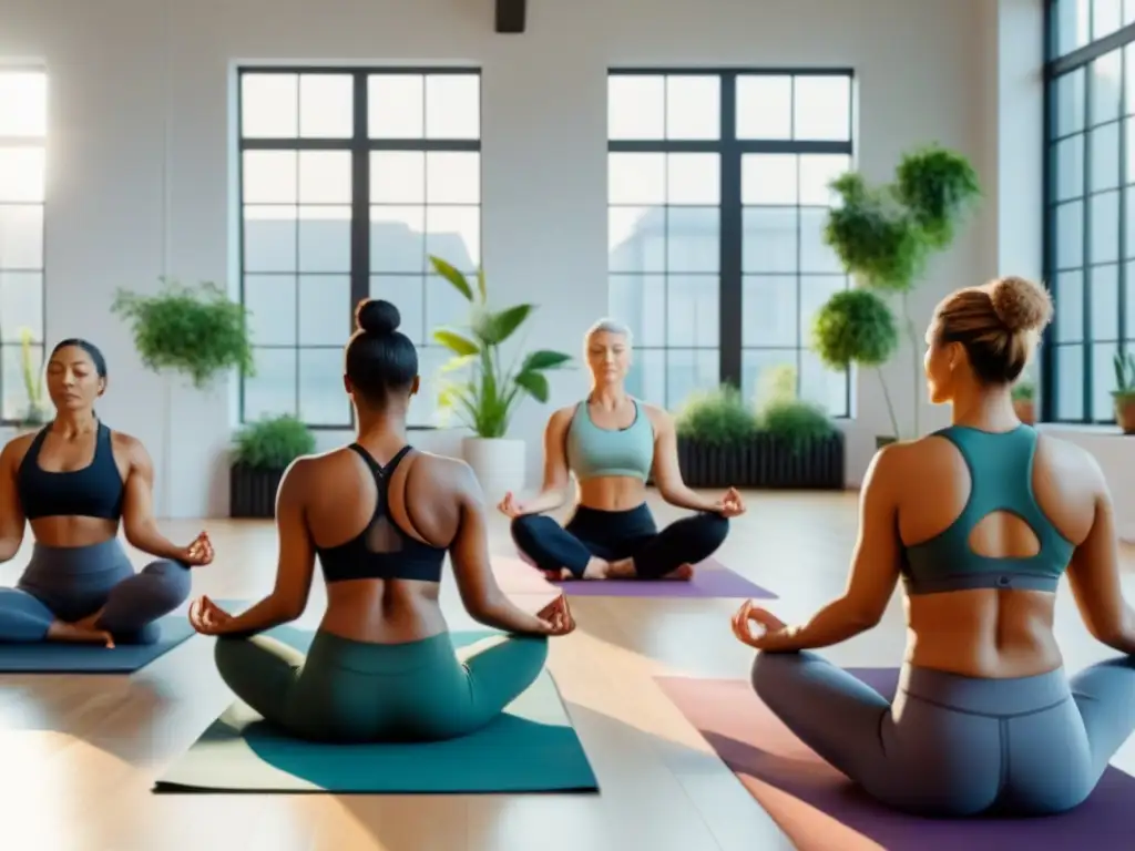 Un grupo diverso de mujeres practica yoga en un estudio soleado y relajante