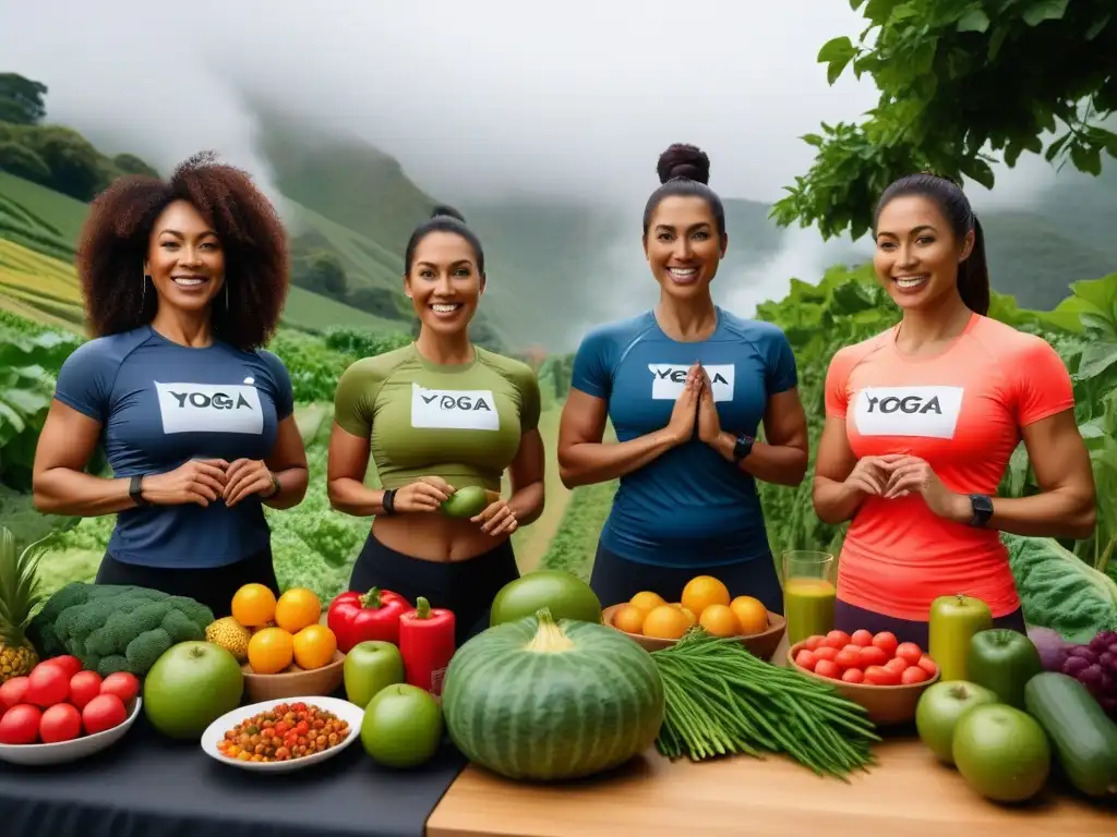 Un grupo diverso de mujeres sonrientes realizando actividades como yoga y cocinando alimentos veganos, rodeadas de frutas y verduras