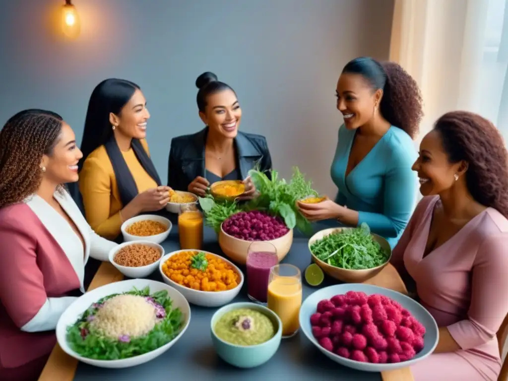 Un grupo diverso de mujeres sonrientes comparten comida vegana y charlan con calidez sobre 'Alimentación vegana y ciclo menstrual'