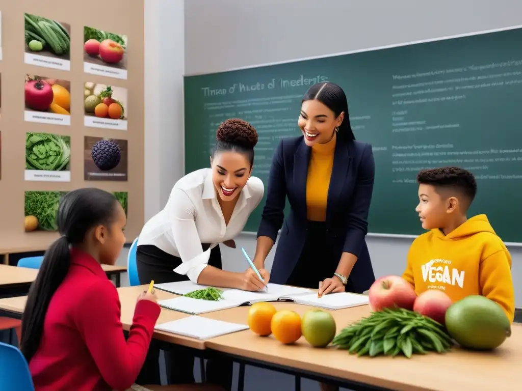 Grupo diverso de niños en clase aprendiendo sobre educación vegana en escuelas