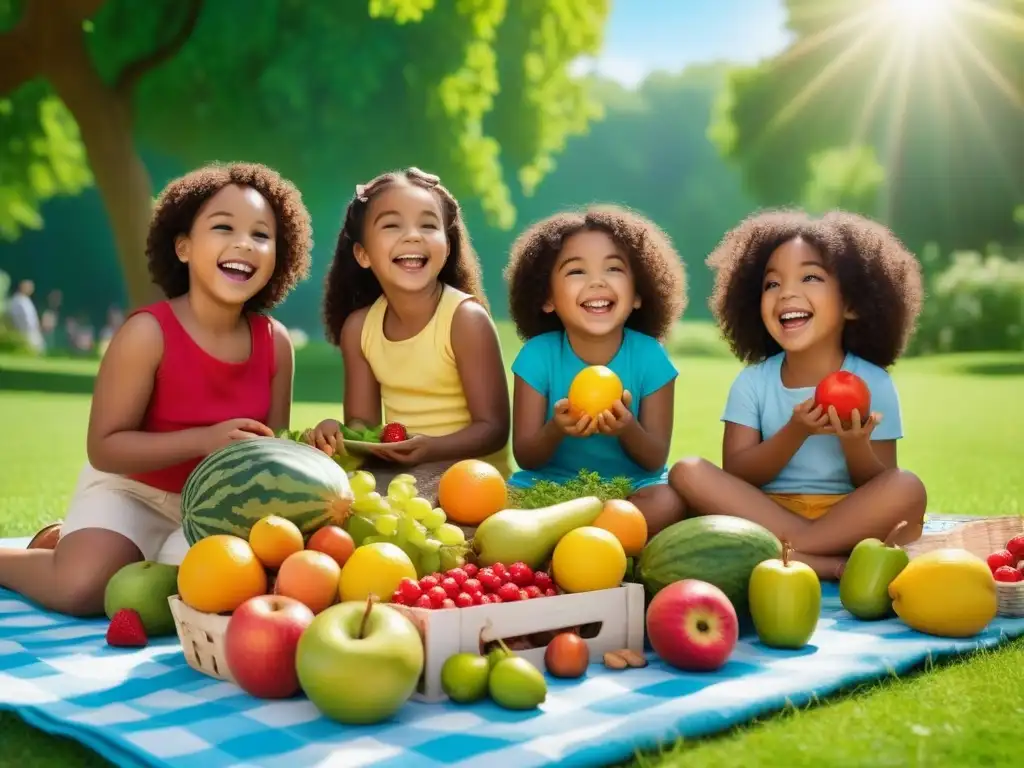 Un grupo diverso de niños felices comparten comida vegana en un picnic bajo el lema 'Dieta Vegana Segura para Niños' en un parque colorido y verde