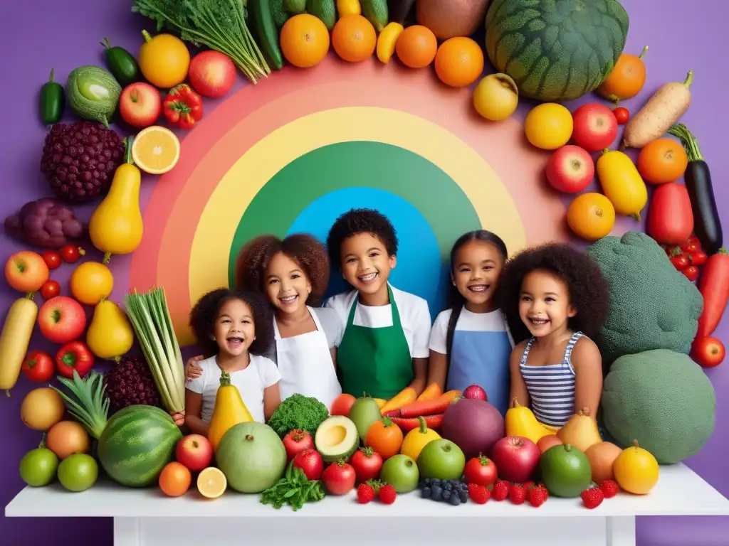 Un grupo diverso de niños felices rodean un arcoíris de frutas y verduras en una cocina brillante