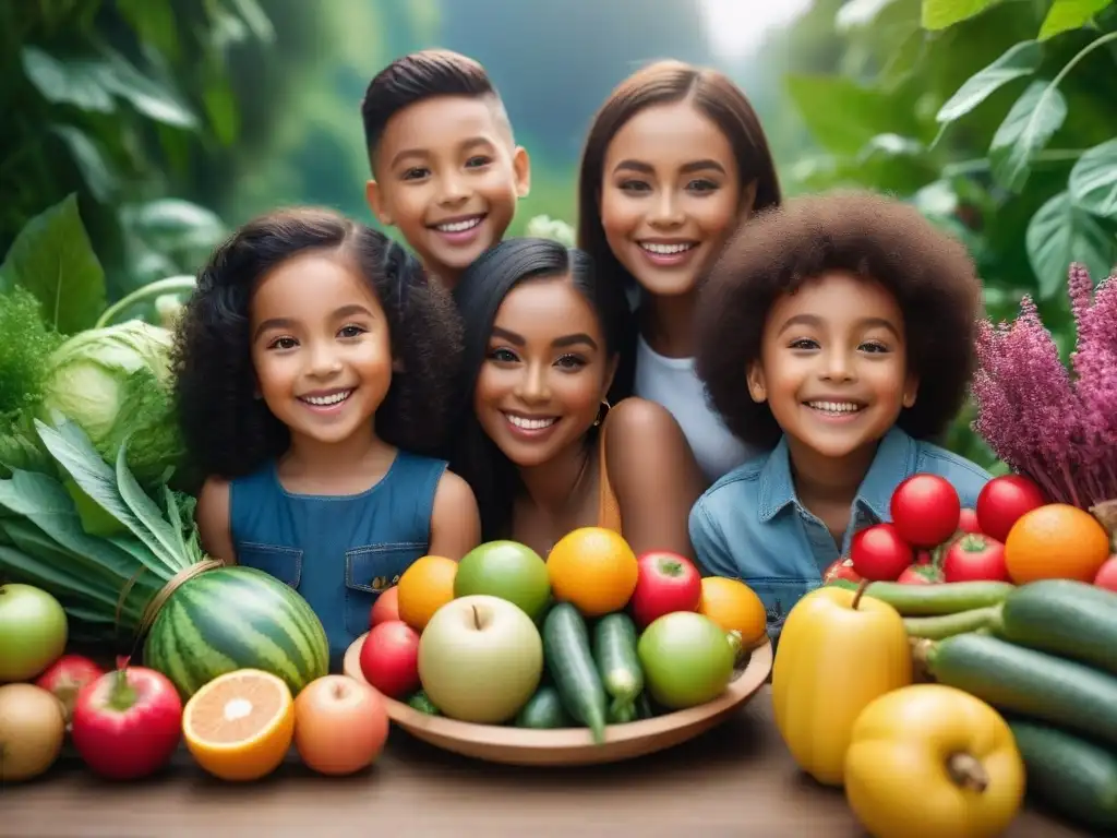 Un grupo diverso de niños felices y saludables disfrutan de frutas y verduras juntos, irradiando vitalidad y alegría en una ilustración moderna