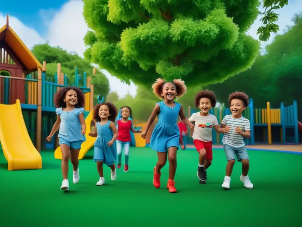 Grupo diverso de niños felices en un parque ecoamigable con moda infantil vegana sostenible