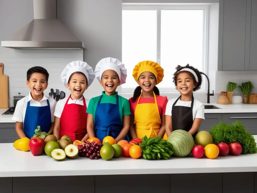 Grupo diverso de niños felices preparando recetas veganas