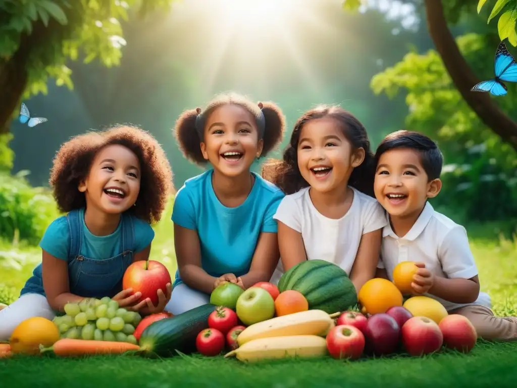 Un grupo diverso de niños felices disfrutan de una dieta vegana equilibrada en un parque soleado