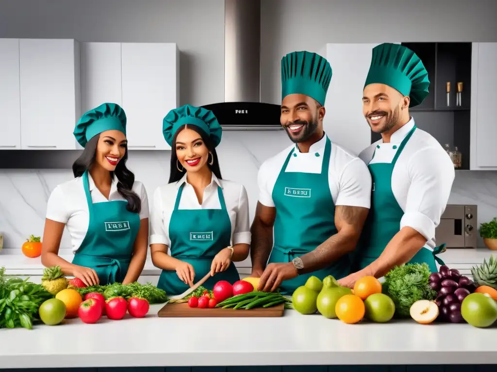 Un grupo diverso de niños felices cocinando en una cocina moderna y vibrante, rodeados de ingredientes frescos