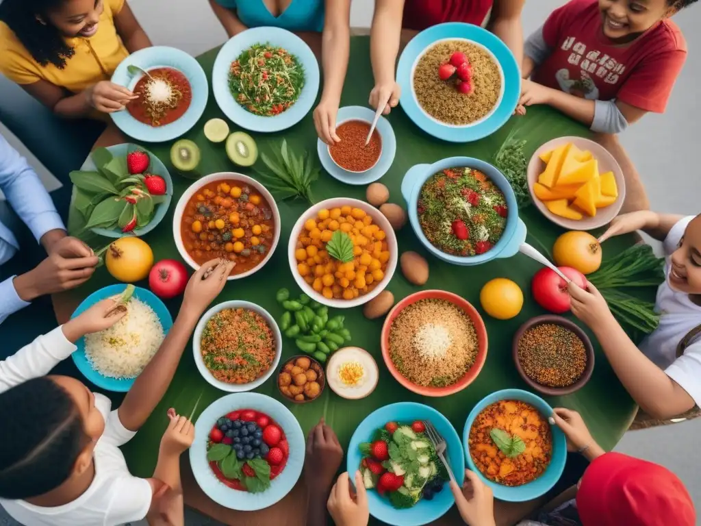 Grupo diverso de niños felices disfrutando de menús veganos para niños divertidos en mesa colorida y decorada