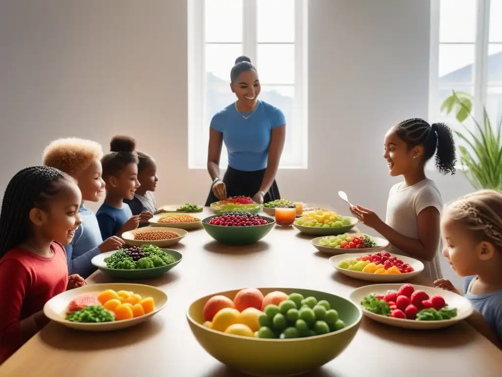 Grupo diverso de niños felices comiendo en una mesa larga llena de alimentos veganos