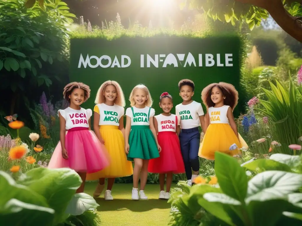 Un grupo diverso de niños sonrientes visten moda infantil vegana sostenible y ética, jugando en un jardín vibrante lleno de flores y mariposas