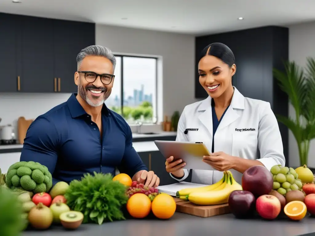 Un grupo diverso de nutricionistas y dietistas discuten sobre comida saludable en una cocina moderna durante una certificación de nutrición vegana