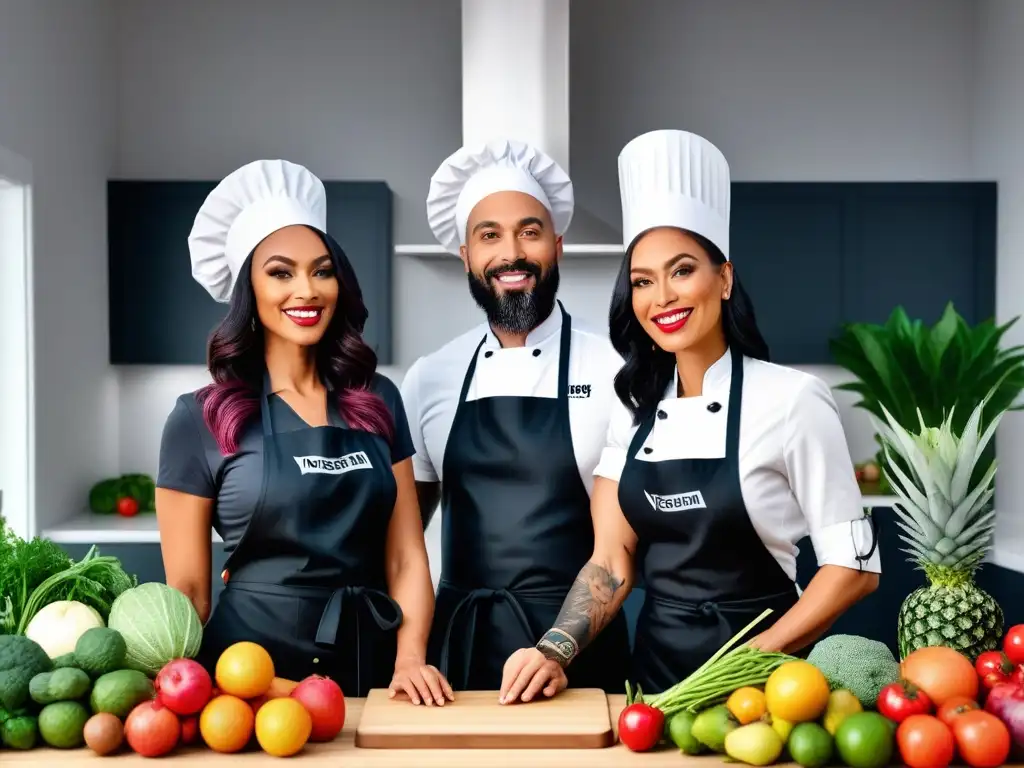 Un grupo diverso de nutricionistas veganos certificados preparando deliciosos platillos en una cocina moderna y colorida