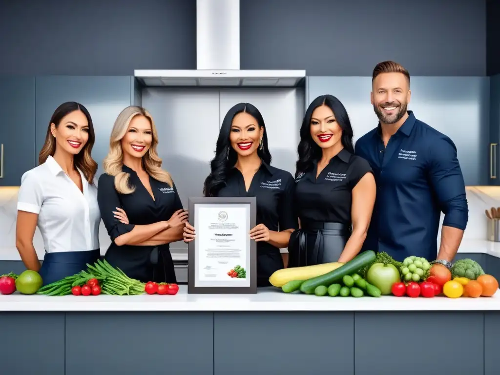 Un grupo diverso de nutricionistas veganos certificados sonrientes en una cocina moderna, rodeados de alimentos frescos y utensilios de cocina