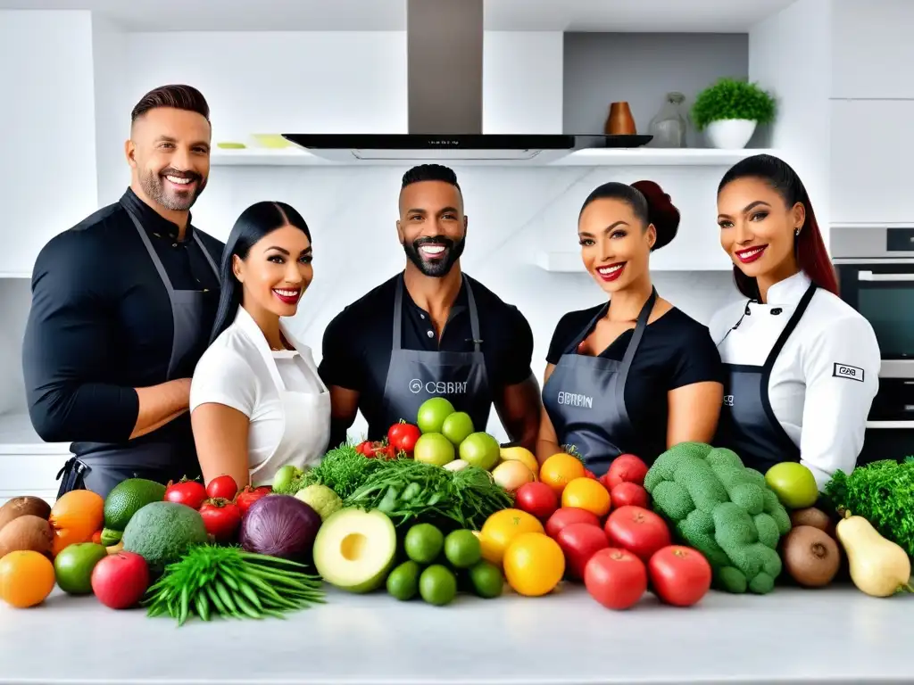 Un grupo diverso de nutricionistas veganos certificados discuten planes de comidas veganas, rodeados de frutas y verduras frescas en una cocina moderna