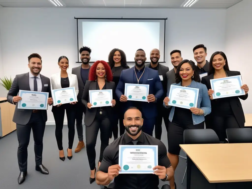 Grupo diverso celebra con orgullo sus certificaciones de nutrición vegana en aula moderna