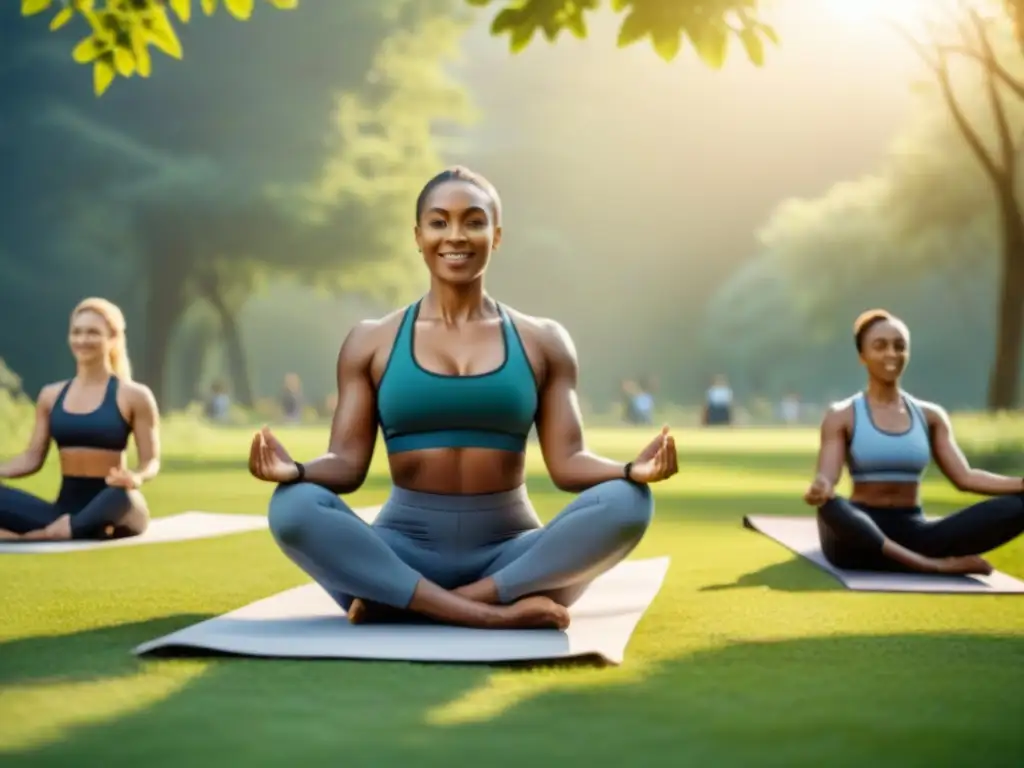Un grupo diverso de personas realizando actividades para fortalecer huesos en un parque verde