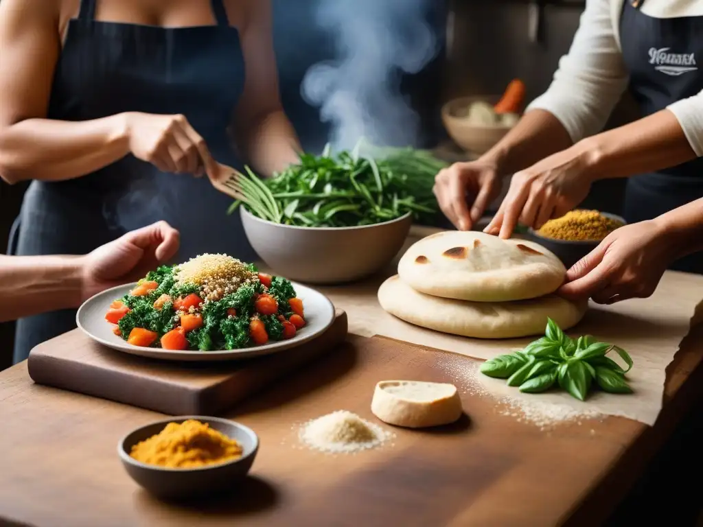 Un grupo diverso de personas preparando con alegría recetas de pan de pita vegano en una cocina acogedora y soleada