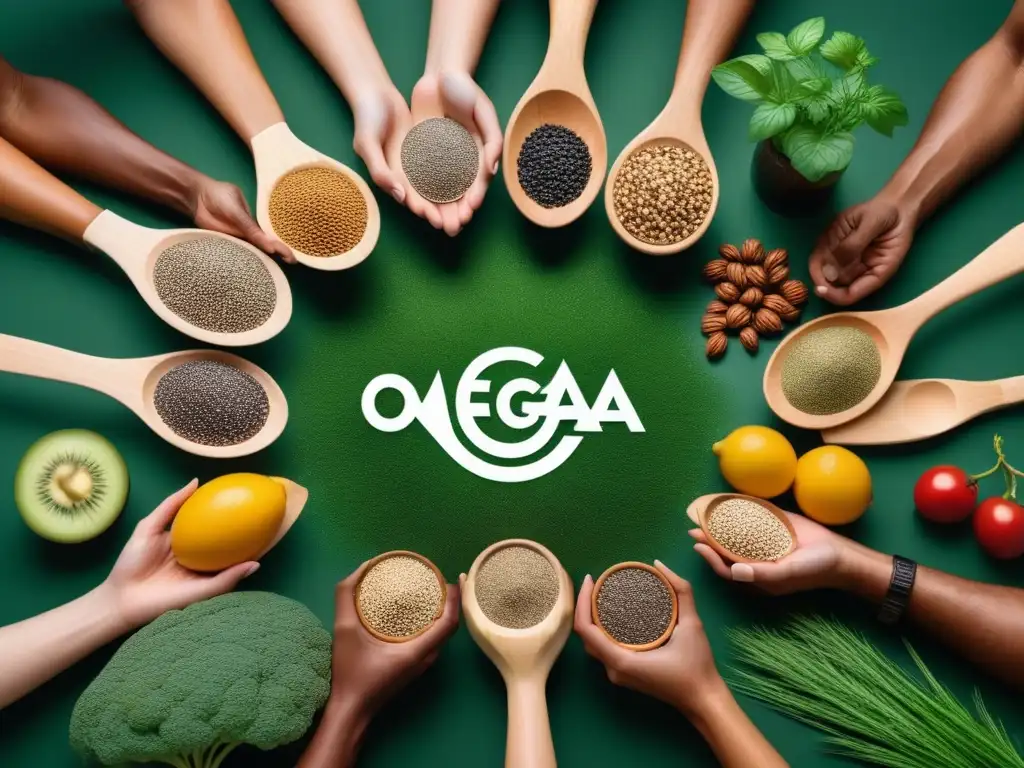 Un grupo diverso de personas sostiene alimentos veganos ricos en Omega3 para la salud del cerebro, con una energía radiante en un paisaje verde