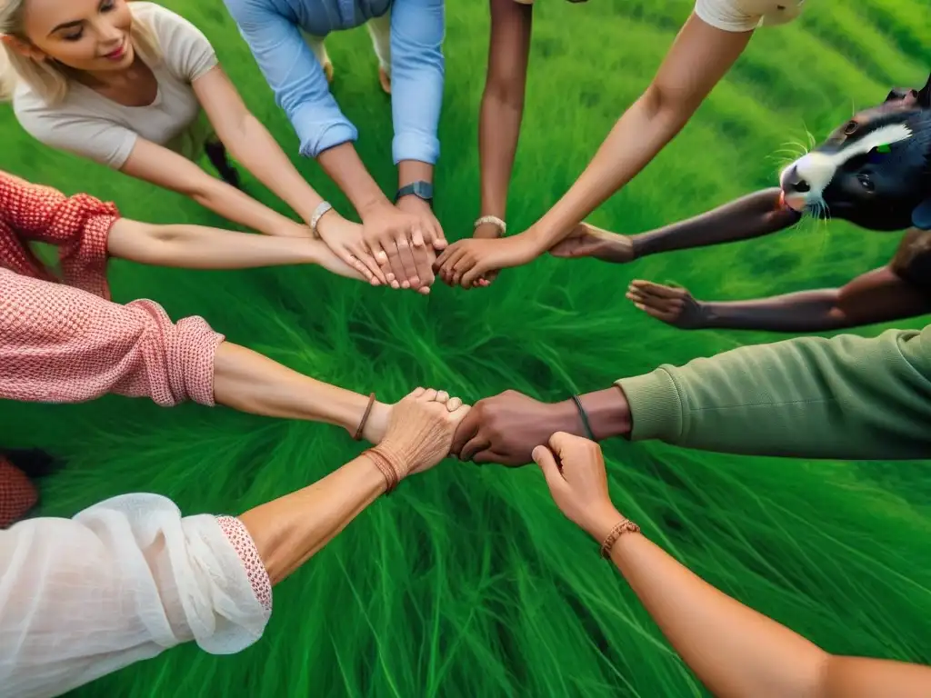 Un grupo diverso de personas y animales en armonía en un prado verde soleado