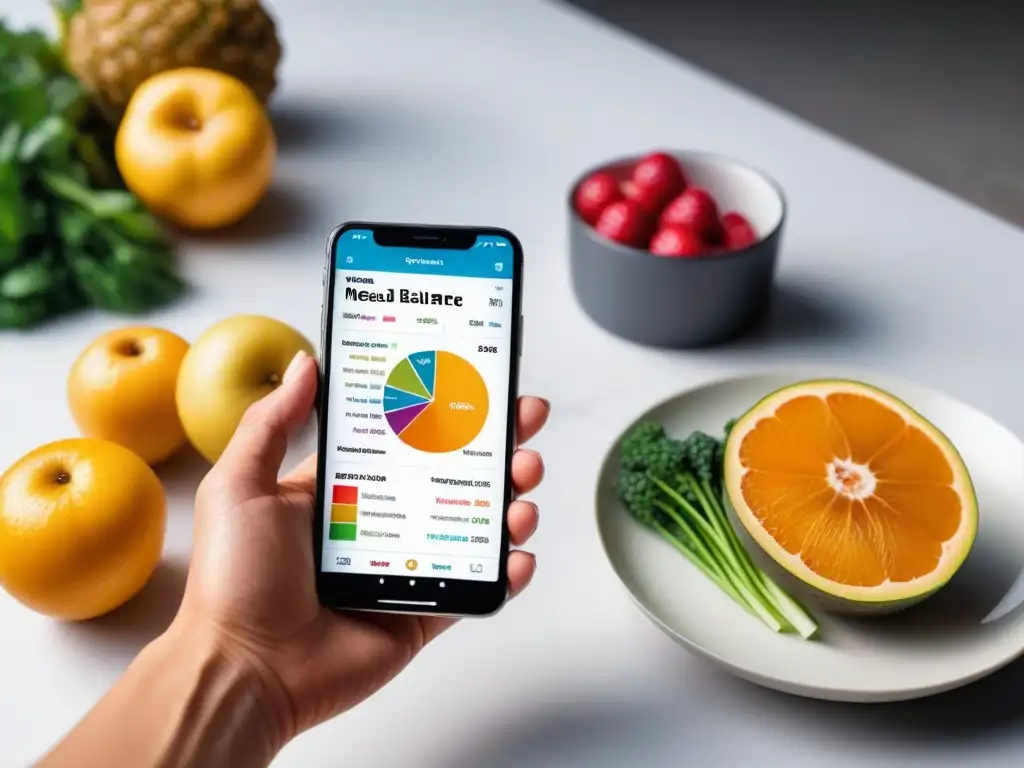 Un grupo diverso de personas utiliza apps de nutrición vegana en sus teléfonos, con gráficos coloridos de balance de comidas