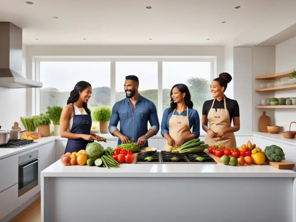 Un grupo diverso de personas cocina feliz en una cocina moderna, llena de ingredientes coloridos