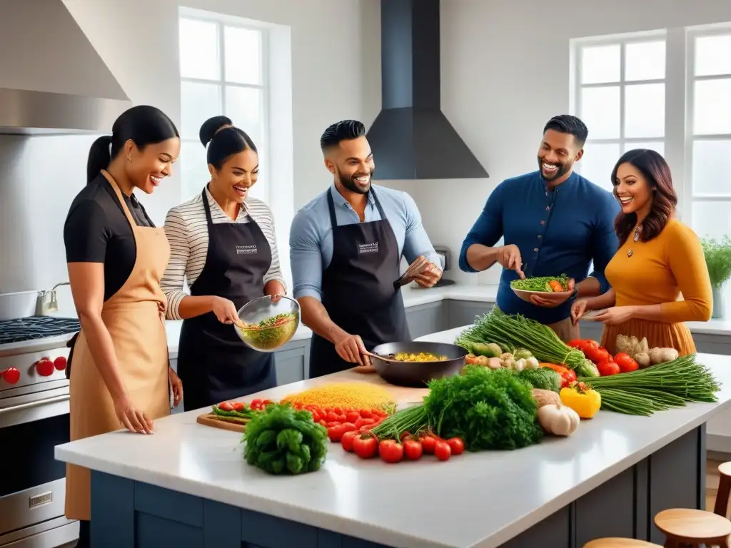 Un grupo diverso de personas se reúne en la cocina, discutiendo un libro de cocina vegana influyente