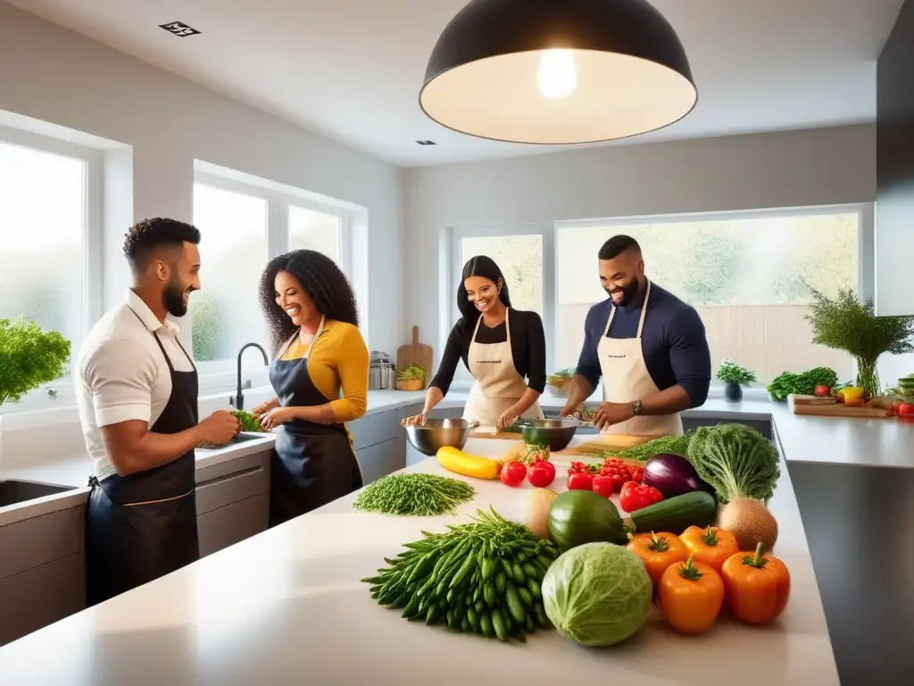 Un grupo diverso de personas cocina juntas en una cocina vibrante y llena de plantas, preparando alimentos frescos y saludables