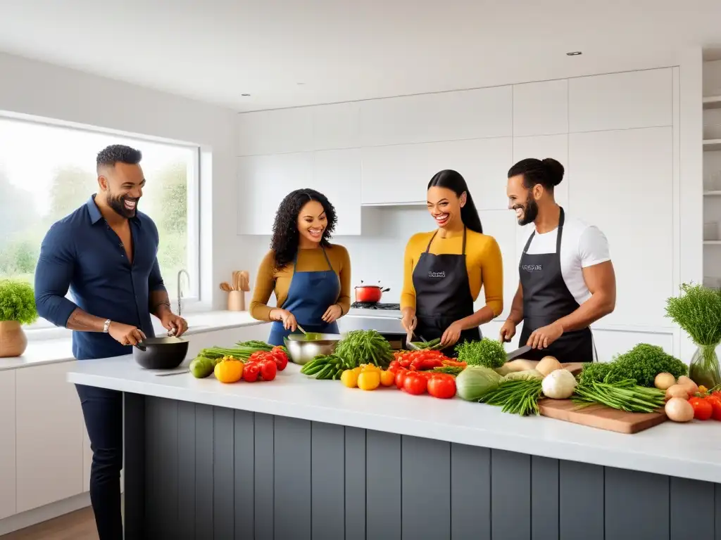 Un grupo diverso de personas cocina feliz en una cocina luminosa y moderna, rodeados de vegetales, hierbas y utensilios