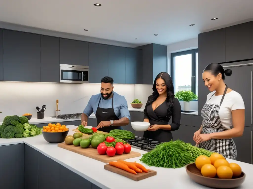 Un grupo diverso de personas cocina con apps de recetas veganas en una cocina moderna y equipada