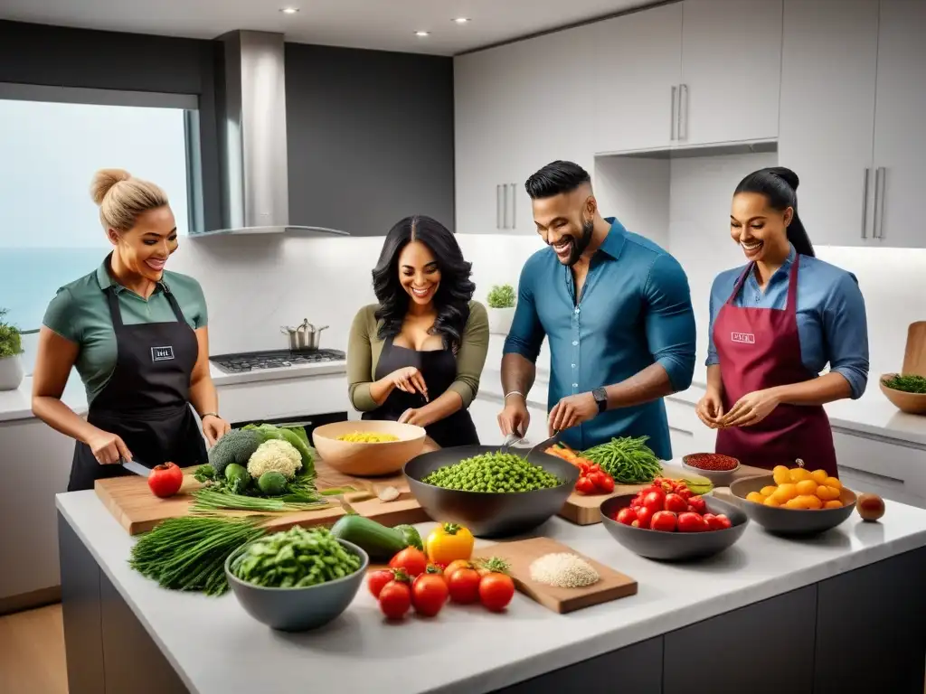 Un grupo diverso de personas con condiciones médicas preparando juntos una comida vegana en una cocina moderna y colorida, destacando el 'Estilo de vida vegano adaptado'