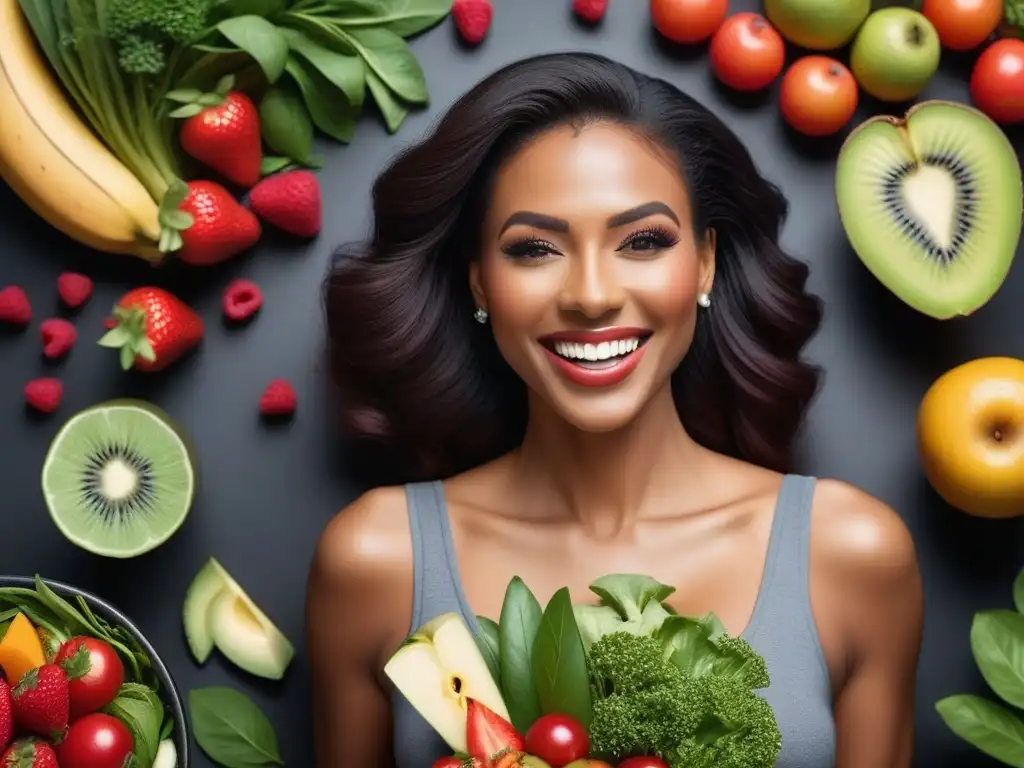 Un grupo diverso de personas sonriendo con dientes saludables al disfrutar de alimentos veganos, resaltando la salud dental en dieta vegana