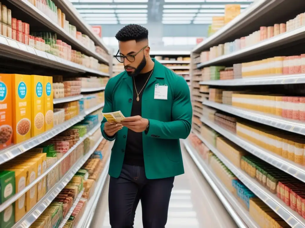 Un grupo diverso de personas examina detalladamente etiquetas de alimentos en un supermercado moderno, iluminado