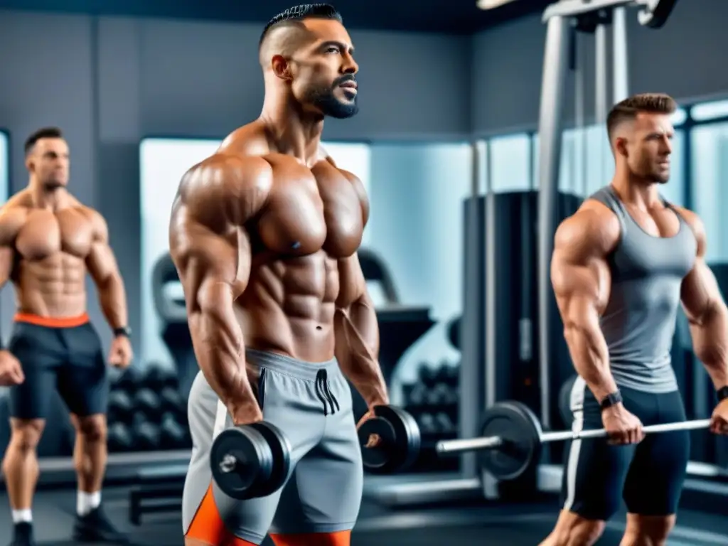 Un grupo diverso de personas en un gimnasio moderno realizando ejercicios de fuerza, destacando sus músculos y determinación