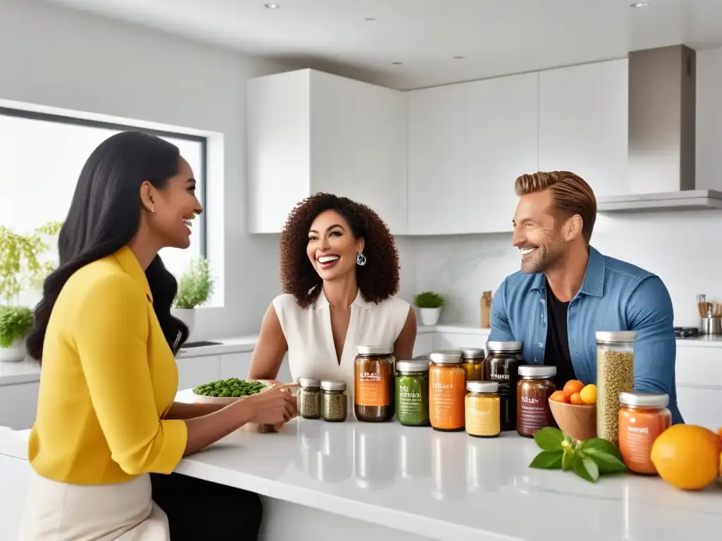 Un grupo diverso de personas sonriendo y conversando alrededor de una isla de cocina moderna con suplementos veganos para alergias