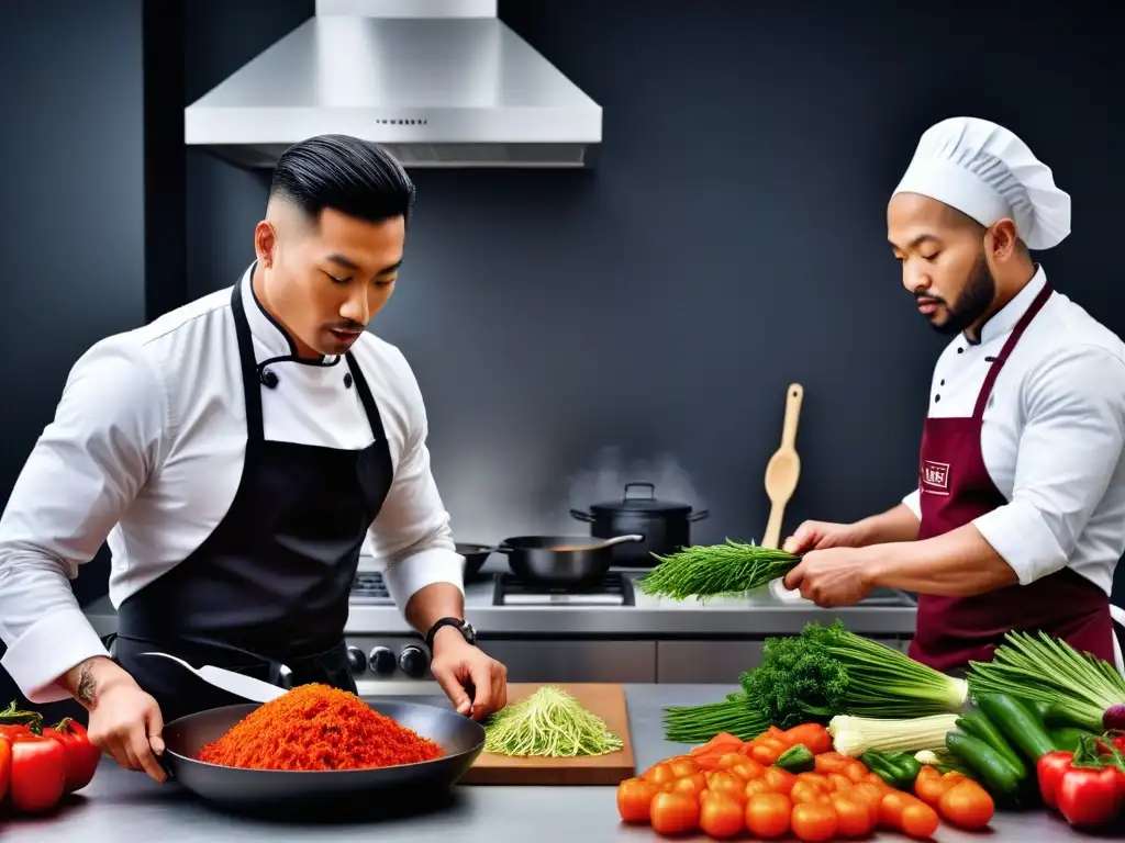 Un grupo diverso de personas preparando kimchi vegano saludable en una cocina moderna, resaltando la colaboración y la artesanía culinaria