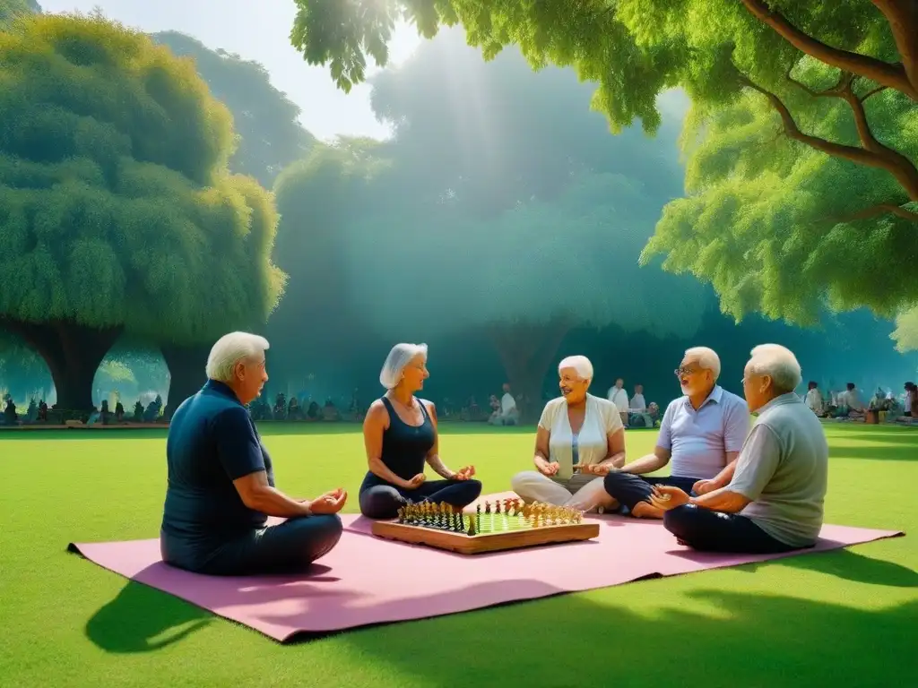 Un grupo diverso de personas mayores disfrutando de actividades saludables en un parque, rodeados de alimentos vegetales coloridos